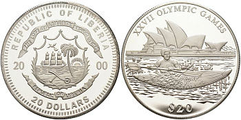 Либерия 20 долларов 2000 XXVII Олимпийские игры В СИДНЕЕ, ГРЕБЛЯ НА БАЙДАРКЕ KM 736 серебро PROOF 01-076-34