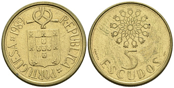 Португалия 5 эскудо 1989 KM 632 никель латунь 4148-443