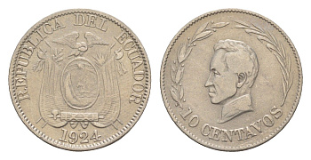 Эквадор 10 сентаво 1924 KM 66 медно-никель 1528-1414