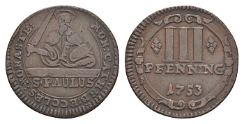 Мюнстер 3 пфеннига 1753 Монетный двор кафедрального капитула KM 430 медь 633-1544
