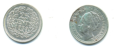 Нидерланды 25 центов 1939 Вильгельмина (1890-1948) KM 164 серебро 84-952