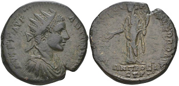 Римская Империя, Провинция Нижняя Мезия, Никополь-на-Истре АЕ 218 - 222 Элагабал, бюст императора / Омонойя, богиня Согласия, с рогом Изобилия, 11,22 гр медь 1073-22-45