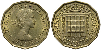 Великобритания 3 пенса 1967 Елизавета II (1952-2022) KM 900, Spink 4153 никель латунь 4171-552
