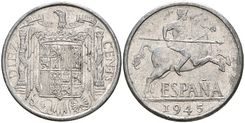 Испания 10 сентимо 1945 Франсиско Франко (1939 - 1975) KM 766 алюминий 4155-243