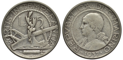 Сан-Марино 5 лир 1937 KM 9 серебро 27-955