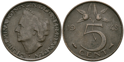 НИДЕРЛАНДЫ 5 ЦЕНТОВ 1948 ВИЛЬГЕЛЬМИНА KM 176 бронза 95-231