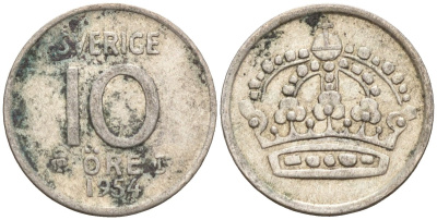 Швеция 10 эре 1954 Густав VI Адольф (1950-1973) KM 823 серебро 4147-865