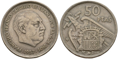 Испания 50 песет 1957 (59) Франсиско Франко (1939-1975) KM 788 медно-никель 4599-115