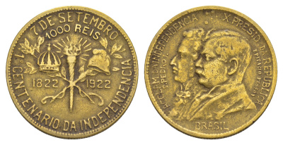 Бразилия 1000 реалов (рейсов) 1922 100 лет независимости Бразилии KM 522.1 алюминиевая бронза 4657-515