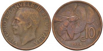 ИТАЛИЯ 10 ЧЕНТЕЗИМО 1924 R, ВИКТОР ИМАНУИЛ, ПЧЕЛА KM 60 медь 4544-1053