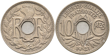 Франция 10 сантимов 1921 тип Линдайё KM 866a, Le Franc 138.3 медно-никель 4116-447