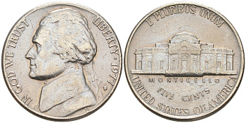 США 5 ЦЕНТОВ 1977 D ДЖЕФФЕРСОН KM A192 медно-никель 190-125