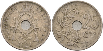 Бельгия 25 сантимов 1921 BELGIE KM 69 медно-никель 4117-1134