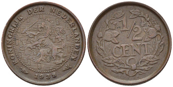 НИДЕРЛАНДЫ 1/2 ЦЕНТА 1938 ВИЛЬГЕЛЬМИНА (1890-1948) KM 138 бронза 39-232