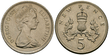 Великобритания 5 пенсов 1975 Елизавета II (1952-2022) KM 911, Spink 4233 (D1) медно-никель 4538-216