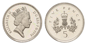 Великобритания 5 пенсов 1991 Елизавета II (1952-2022) KM 937b, Spink 4372 (D4) медно-никель PROOF 3711-1513