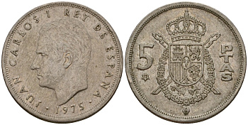 Испания 5 песет 1975 (77) Хуан Карлос I (1975-2014) KM 807 медно-никель 186-1157