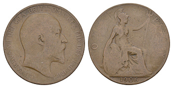 Великобритания 1 пенни 1906 Эдуард VII (1901-1910) KM 794.2, Spink 3990 бронза 111-643