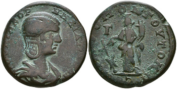 Римская Империя, Провинция Нижняя Мезия, Томы AE 219 - 220 Юлия Павла, жена Элагабала, бюст императрицы / богиня Тихе Varbanov 5295 бронза 1100-7-91