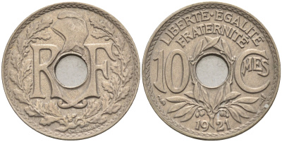 Франция 10 сантимов 1921 тип Линдайё KM 866a, Le Franc 138.3 медно-никель 4116-447
