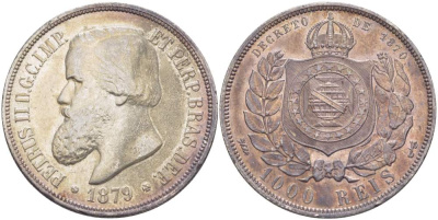 Бразилия 1000 рейс 1879 Педро II (1831-1889) KM 481 серебро 00-00