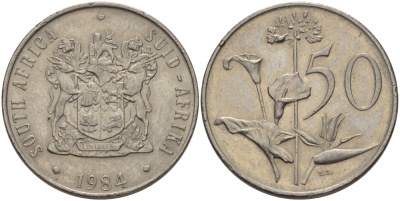 ЮАР 50 центов 1984 Зантедеския Эллиота (калла), герб KM 87 никель 32-1136