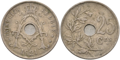 Бельгия 25 сантимов 1921 BELGIE KM 69 медно-никель 4117-1134