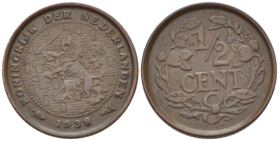 НИДЕРЛАНДЫ 1/2 ЦЕНТА 1938 ВИЛЬГЕЛЬМИНА (1890-1948) KM 138 бронза 39-232