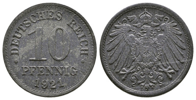 ГЕРМАНИЯ 10 ПФЕННИГОВ 1921 KM 26, J. 299 цинк 4380-247