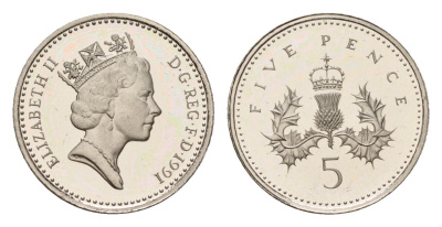 Великобритания 5 пенсов 1991 Елизавета II (1952-2022) KM 937b, Spink 4372 (D4) медно-никель PROOF 3711-1513