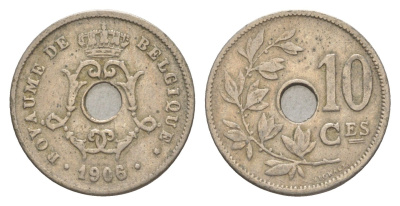 Бельгия 10 сантимов 1906 Belgique, Леопольд I (1865-1909) KM 52 медно-никель 4615-1023