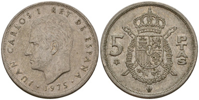 Испания 5 песет 1975 (77) Хуан Карлос I (1975-2014) KM 807 медно-никель 186-1157