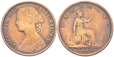 Великобритания 1 фартинг 1860 Виктория (1837-1901) KM 747.2, Spink 3958 бронза 4613-418
