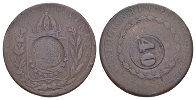 Бразилия 40 реалов 1830 Перечекан на 80 рейсах KM 444 медь 1518-1731