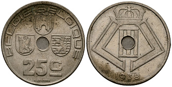 Бельгия 25 сантимов 1938 Belgie - Belgique KM 115 никель латунь 4583-842