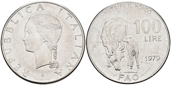 Италия 100 лир 1979 R, FAO, корова с теленком KM 106 нержавеющая сталь 4538-645