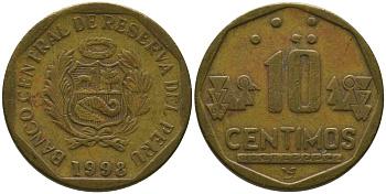 Перу 10 сентимо 1998 LIMA KM 305.2, Schon 104 латунь 4543-716