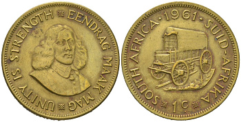 ЮАР 1 цент 1961 повозка, Ян ван Райбек KM 57 латунь 4389-545