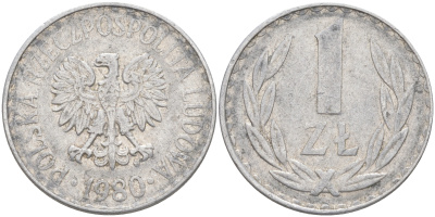 ПОЛЬША 1 ЗЛОТЫЙ 1980 MW KM 49.1 алюминий 106-534