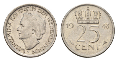 Нидерланды 25 центов 1948 Вильгельмина (1890-1948) KM 178 никель 4627-966