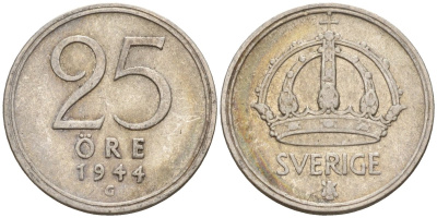 Швеция 25 эре 1944 G, Густав V (1907-1950) KM 816 серебро 4147-954