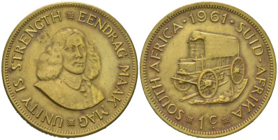 ЮАР 1 цент 1961 повозка, Ян ван Райбек KM 57 латунь 4389-545