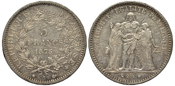 Франция 5 франков 1875 А, Геракл с богинями равенства и братства KM 820.1 серебро 413-3344