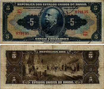 БРАЗИЛИЯ 5 КРУЗЕЙРО 1943 СЕРИЯ 44А, БАРАО ДО РИО БРАНКО, РУКОПИСНАЯ ПОДПИСЬ Pick 134 бумага 6281-55-3-1