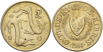 Кипр 2 цента 1992 KM 54.3 никель латунь 4174-1255