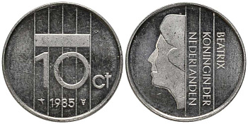 НИДЕРЛАНДЫ 10 ЦЕНТОВ 1985 БЕАТРИКС KM 203 никель 112-742