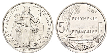 Французская Полинезия 5 франков 1991 KM 12 алюминий UNC 109-1125