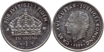 Швеция 1 крона 2008 Карл XVI Густав (1973- ) KM 894 медно-никель 63-1014