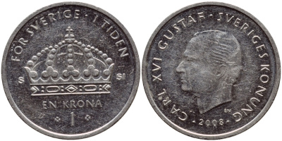 Швеция 1 крона 2008 Карл XVI Густав (1973- ) KM 894 медно-никель 63-1014