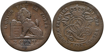 БЕЛЬГИЯ 2 САНТИМА 1833 BELGES KM 4.1 медь 95-716